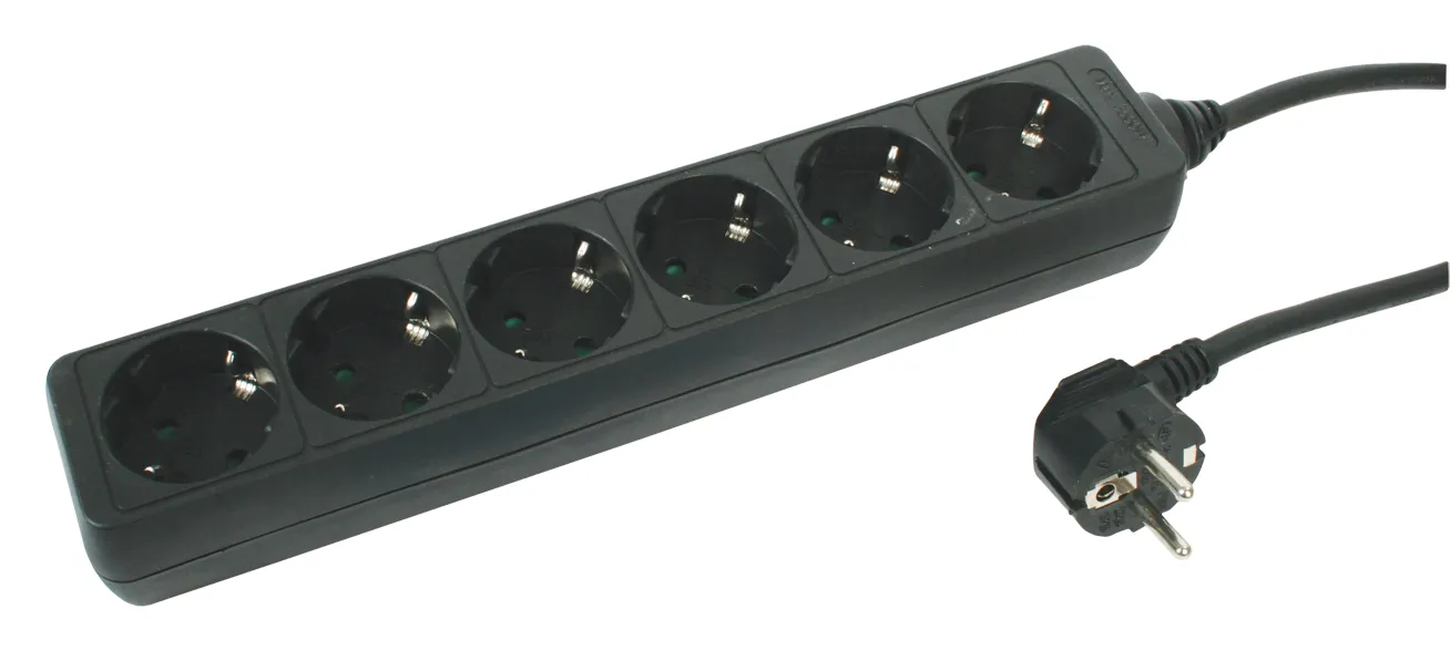 Stikdåse m/6 stik Schuko SORT, 1,5m. Uden afbryder