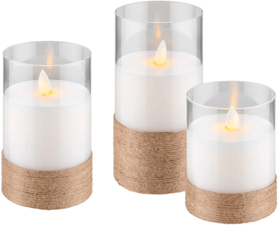[154478] Sæt med 3 LED-stearinlys i voks i et glas, hvid med timer inkl. 8x AA (LR6)