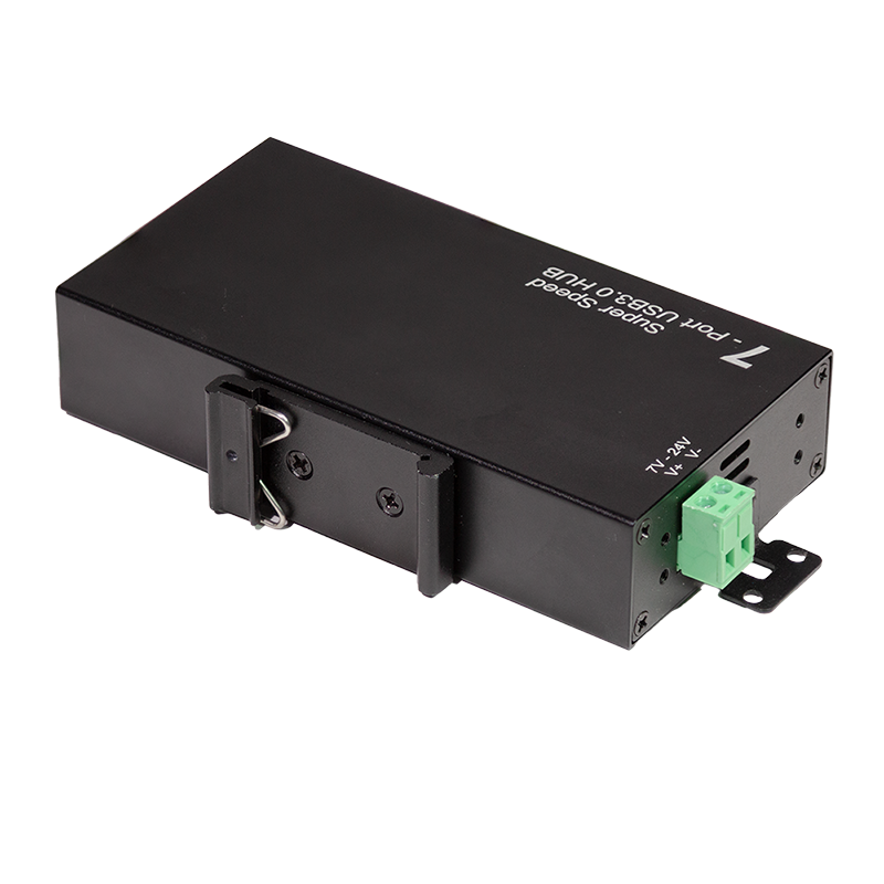 USB 3.0, 7-port hub, industrial design, 5 Gbps, 10 W, black