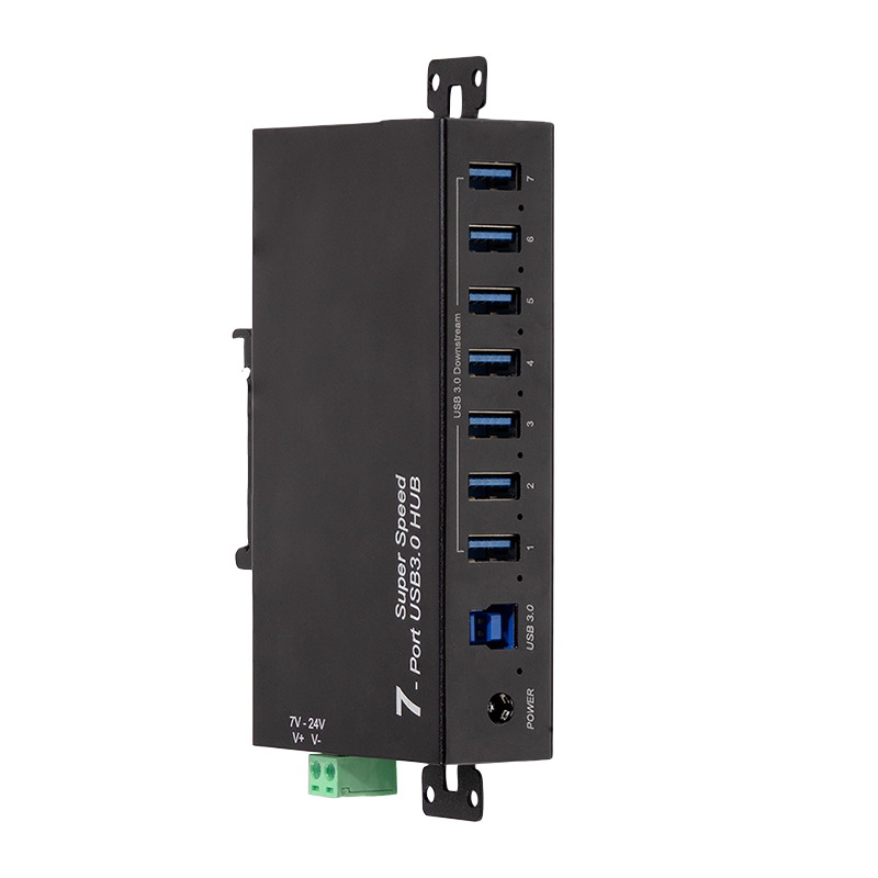 USB 3.0, 7-port hub, industrial design, 5 Gbps, 10 W, black