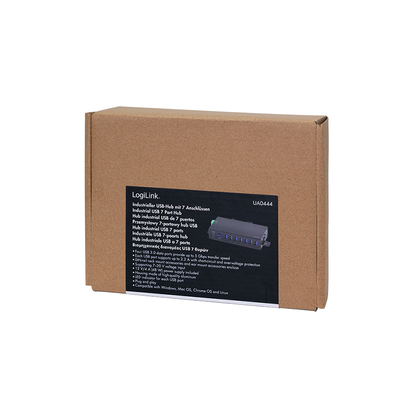 USB 3.0, 7-port hub, industrial design, 5 Gbps, 10 W, black