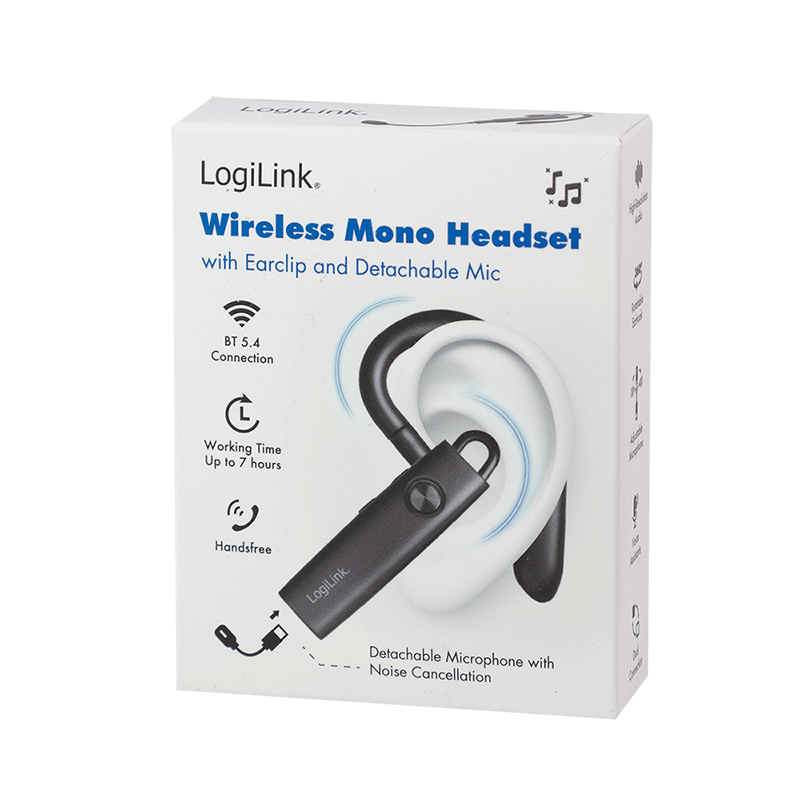 Trådløst monoheadset med øreclips, BT 5.4, USB-C, 100 timer