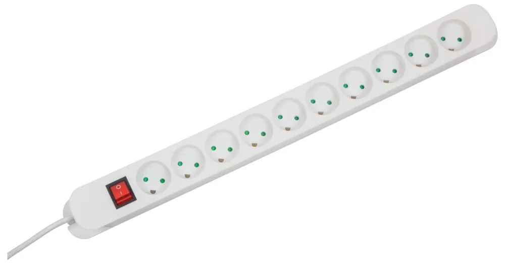 10-stikdåse, Uden jord, HVID, 3 m. kabel, Med afbryder