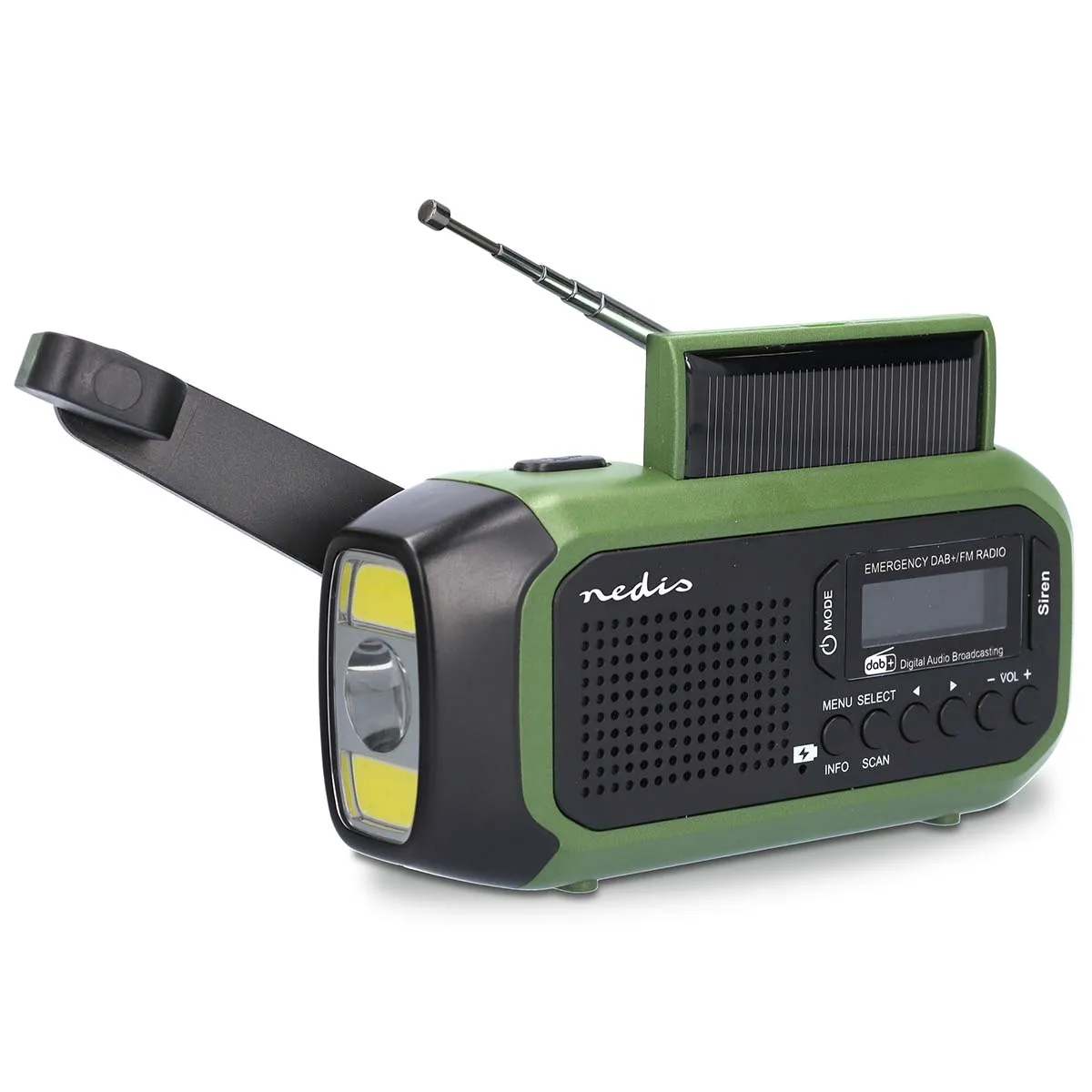 Nødradio | DAB+ / FM / Solar Powered / USB Drevet | Vækkeur | Grøn / Sort