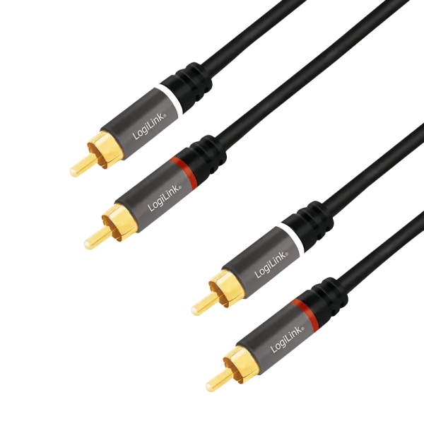 Audio cable, 2x RCA/M to 2x RCA/M, metal, black, 5 m