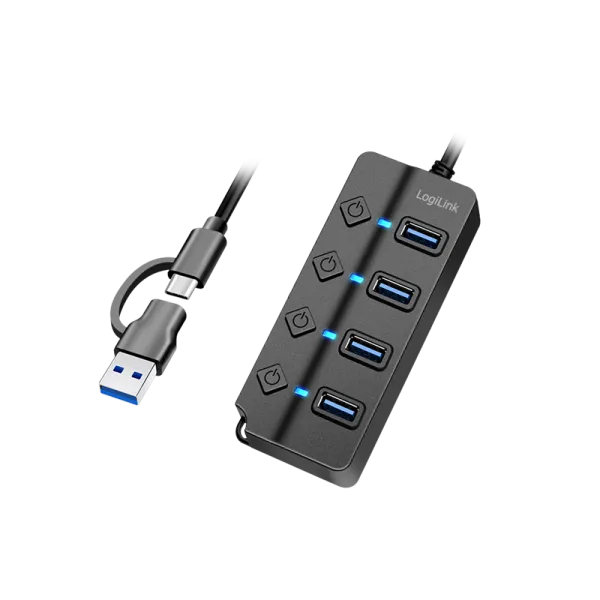 USB 3.2 Gen1 Hub, 4 porte, tænd/sluk-knap, sort