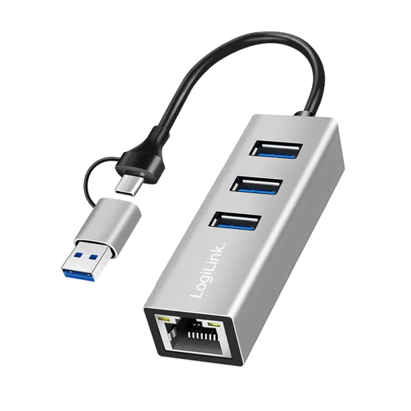 USB-C 3.2 Gen 1 hub til 5G Gbps, Ethernet-adapter, 3x USB-A, sølv