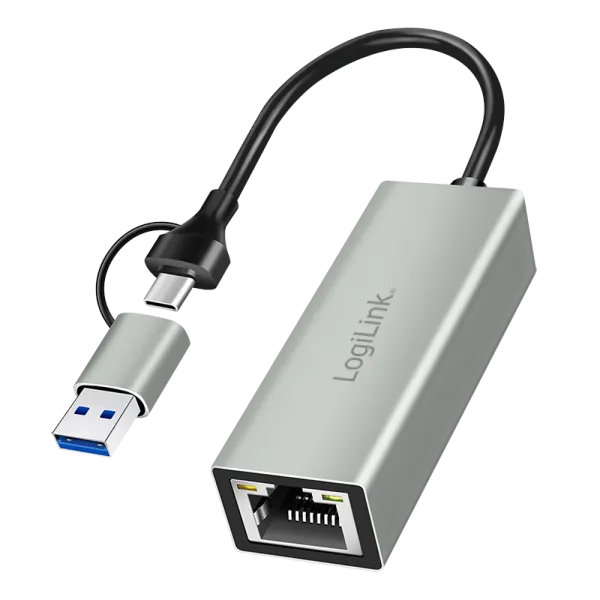 USB-C til Gigabit Ethernet-adapter med 2-i-1 USB-forbindelse, grå