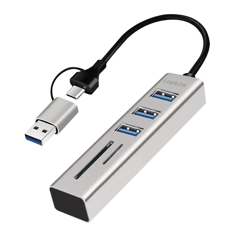 USB 3.0 hub, 3x USB-A, SD/microSD-5 Gbit/s, sølv