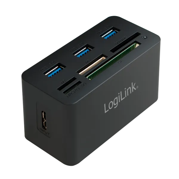 USB 3.0 hub, med alt-i-en kortlæser, sort