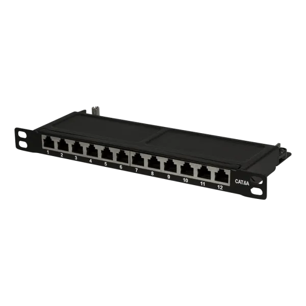 Cat.6A Mini Patchpanel 12 porte skærmet, 10"" rackmontering 0,5U, sort