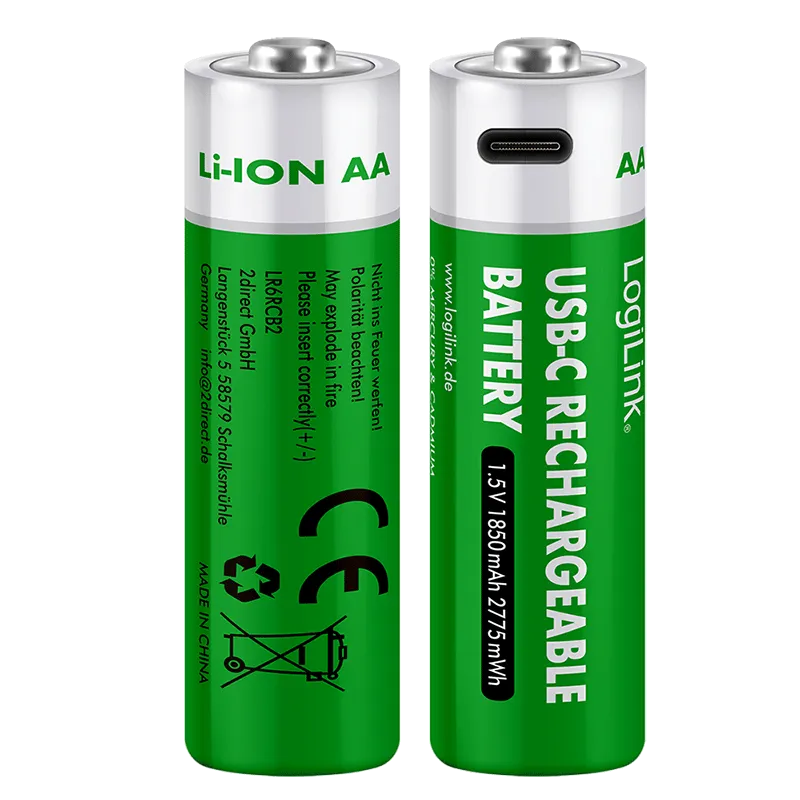 AA 1,5 V Li-Ion-batterier, 1850 mAh/2775 mWh, integreret USB-C-port, genopladelige, 2 stk.