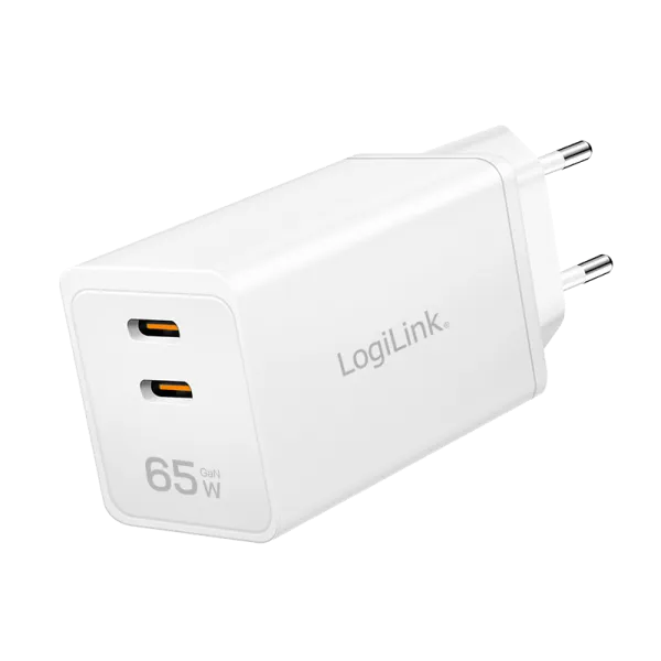 Dobbelt USB-vægadapter, GaN, 65 W, 2x USB-C (PD 3.0/QC 4.0), hvid