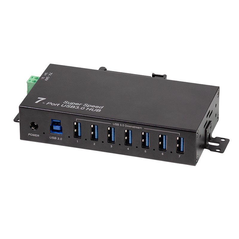 USB 3.0, 7-port hub, industrial design, 5 Gbps, 10 W, black