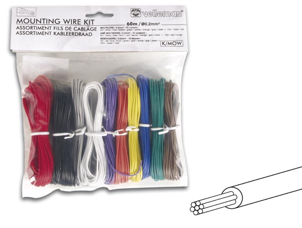 Ledningssortiment, 10 farver, 60m. Ø0.2mm², flertrådet / multicore