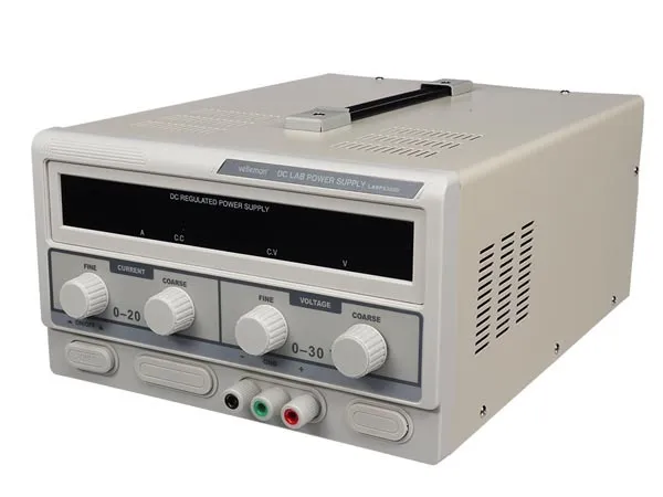 Laboratoriestrømforsyning, 0-30VDC / 0-20A, Dobbelt LED-display