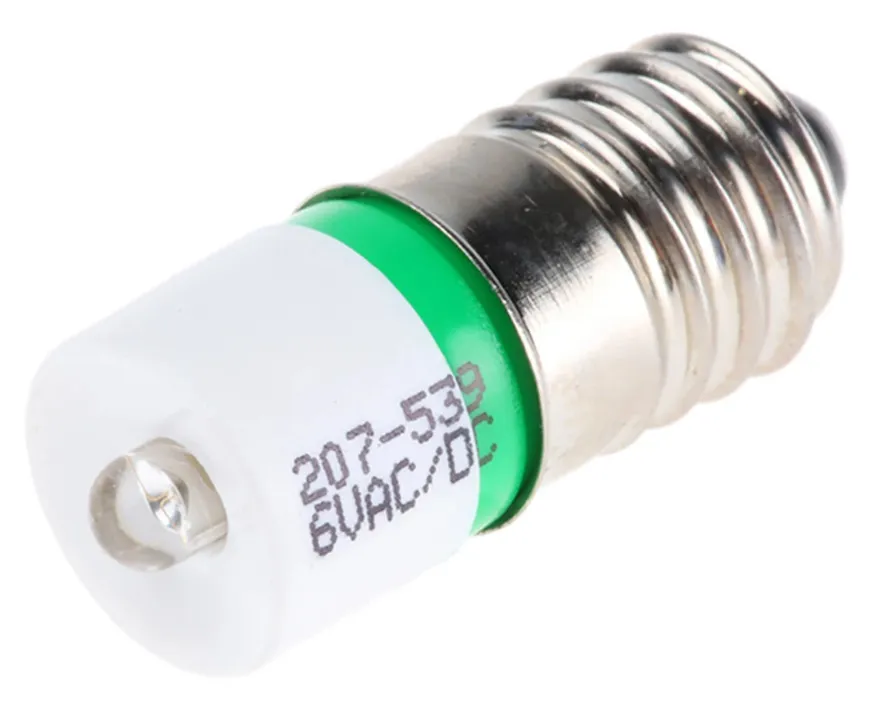 E10-Lampe 6vac/dc Ø=10x25mm. LED-Grøn