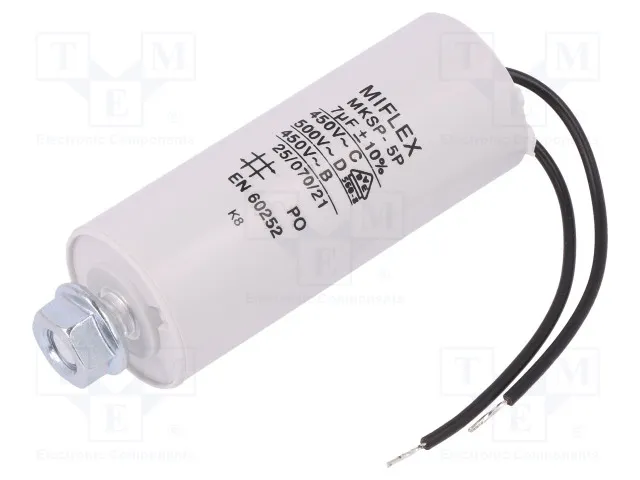 Motor capacitor 7µF 450VAC Ø=30x78mm. med bolt
