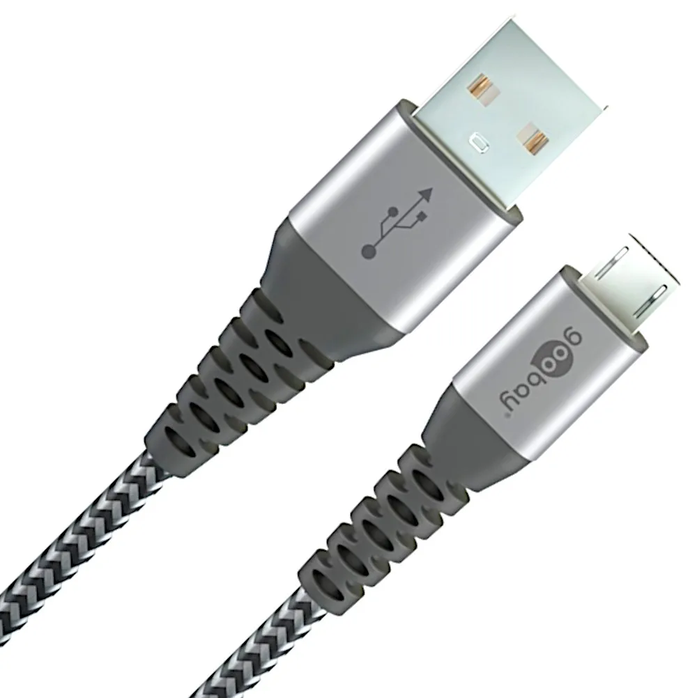 Micro USB > USB-A, textil, grå/sølv, 1 meter