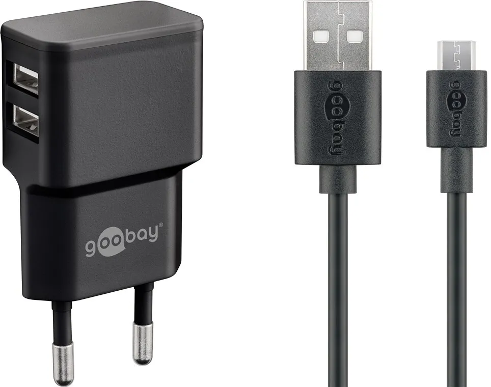 [144609] Dobbelt USB lader 2.4A + Micro USB-kabel, sort
