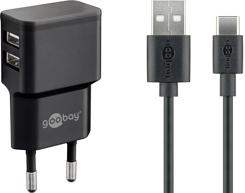 [144765] Dobbelt USB lader 2.4A + USB-C kabel, sort