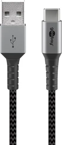 [148500] USB-C > USB-A, Textil, grå/sølv, 2m