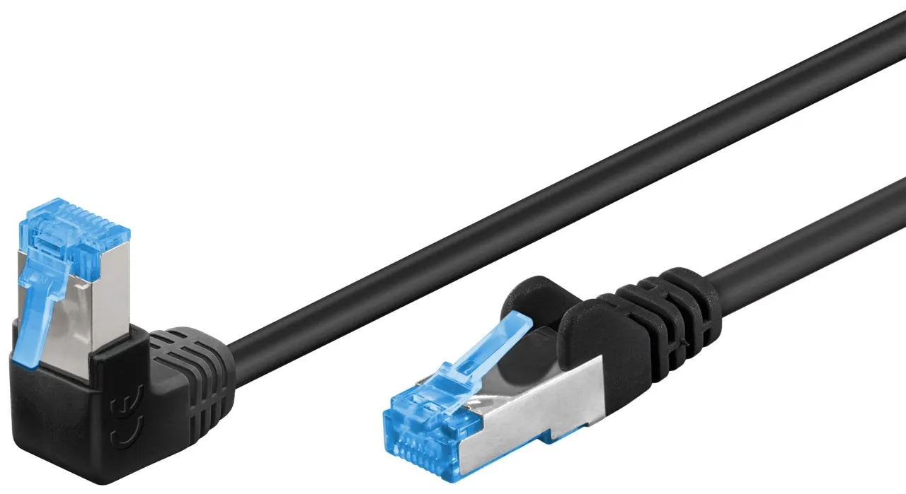 [151992] Netværkskabel CAT 6A vinklet 1x 90°, S/FTP (PiMF), sort, 5 m Kabellængde 5 m
