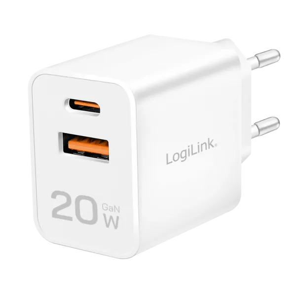 [155432] Dobbelt USB-stikoplader, 20 W, GaN, 1x USB-C (PD), 1x USB-A, hvid