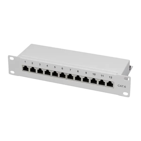 [155809] Cat.6 patchpanel 12 porte skærmet, 10"" rackmontering, Lysegrå
